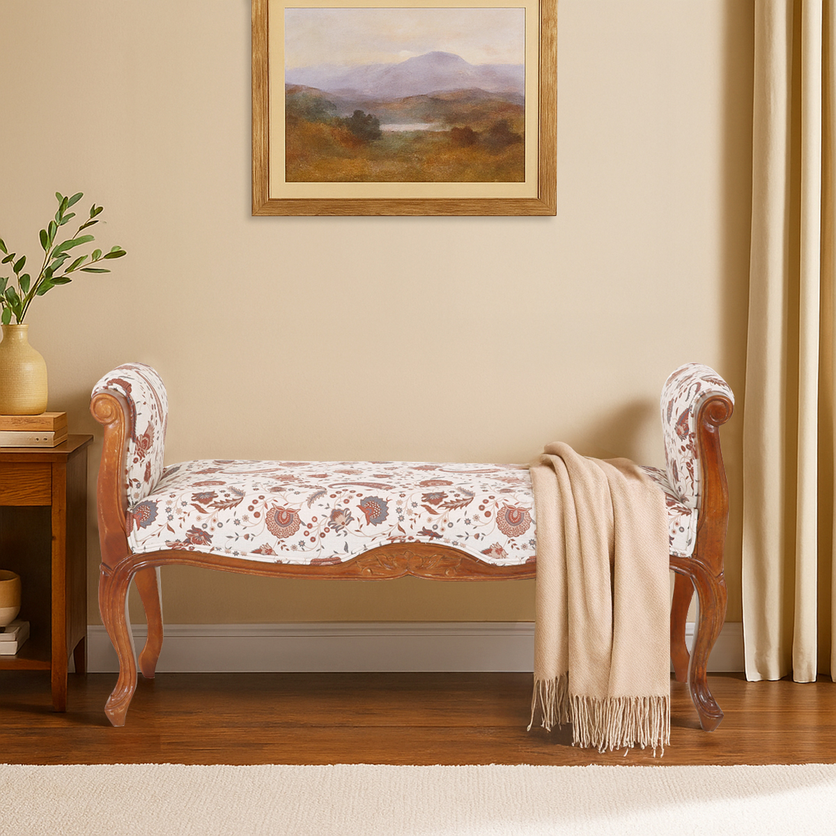 Japantown Vintage Floral Upholstered Bench with Arms