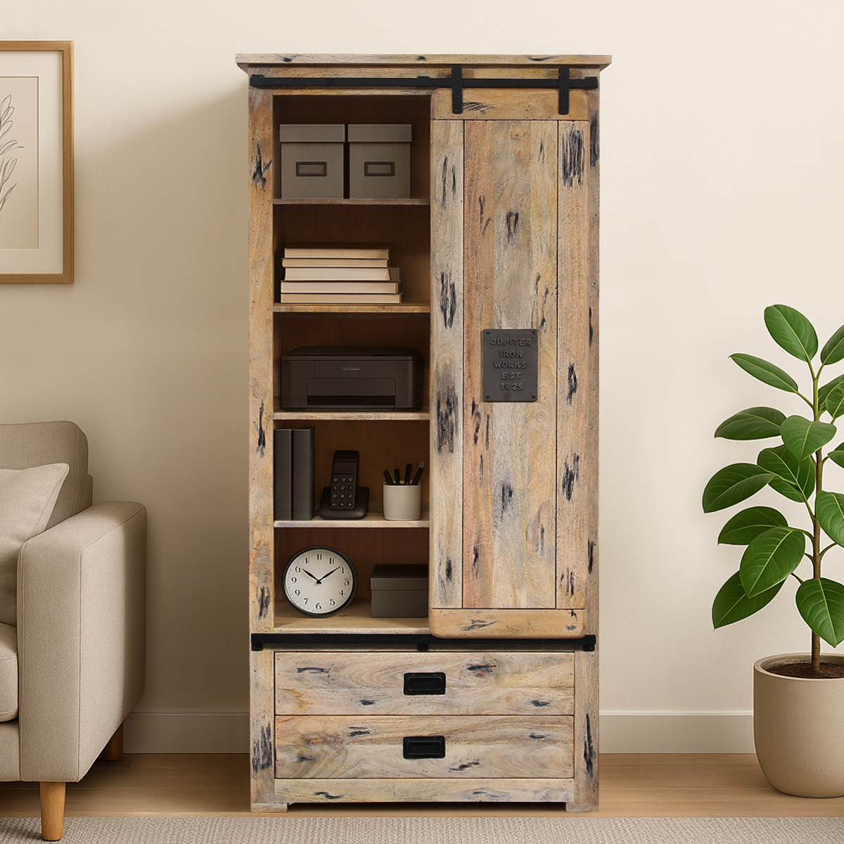 Lorne Distressed Barn Door Bookcase with Drawers on Bottom