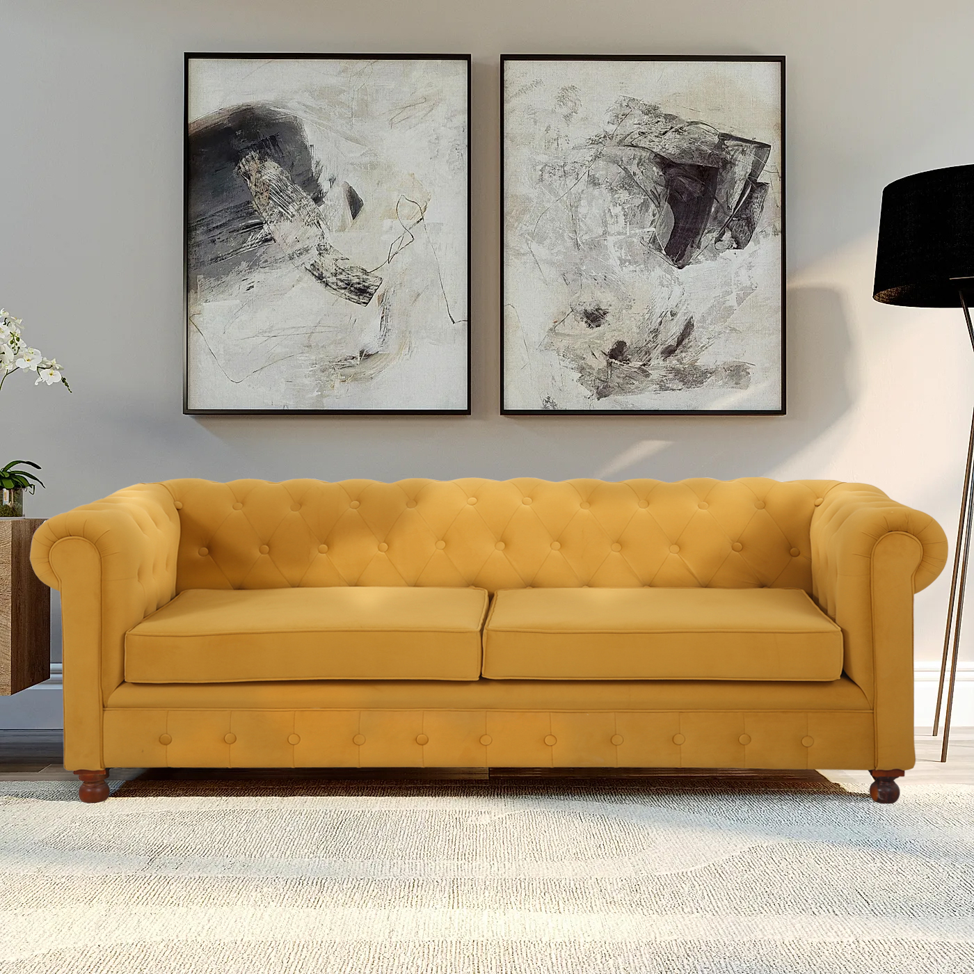 Winding Mustard Gold 3 Seater Chesterfield Sofa