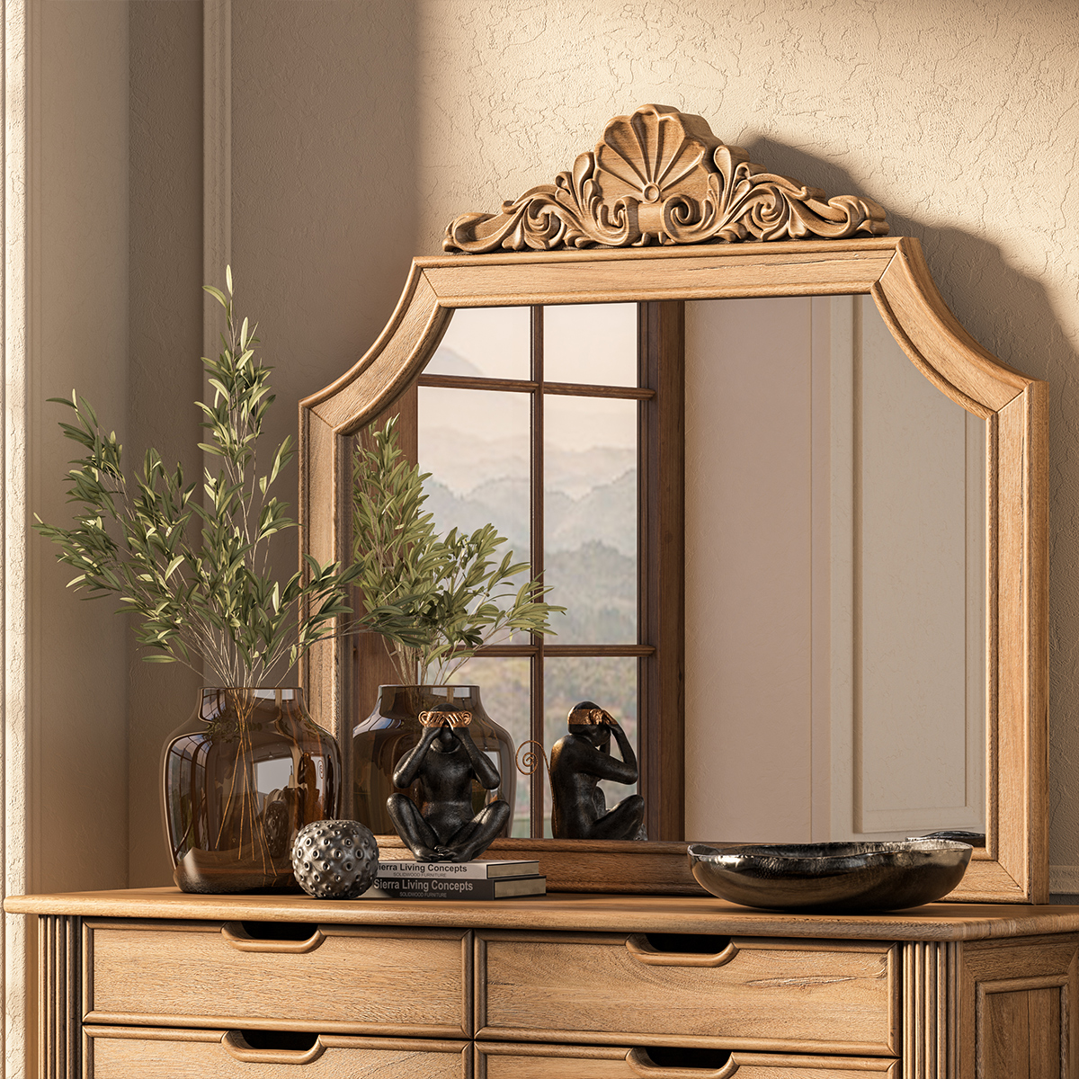 Morrisville Hand Carved Arched Natural Wood Mirror Frame