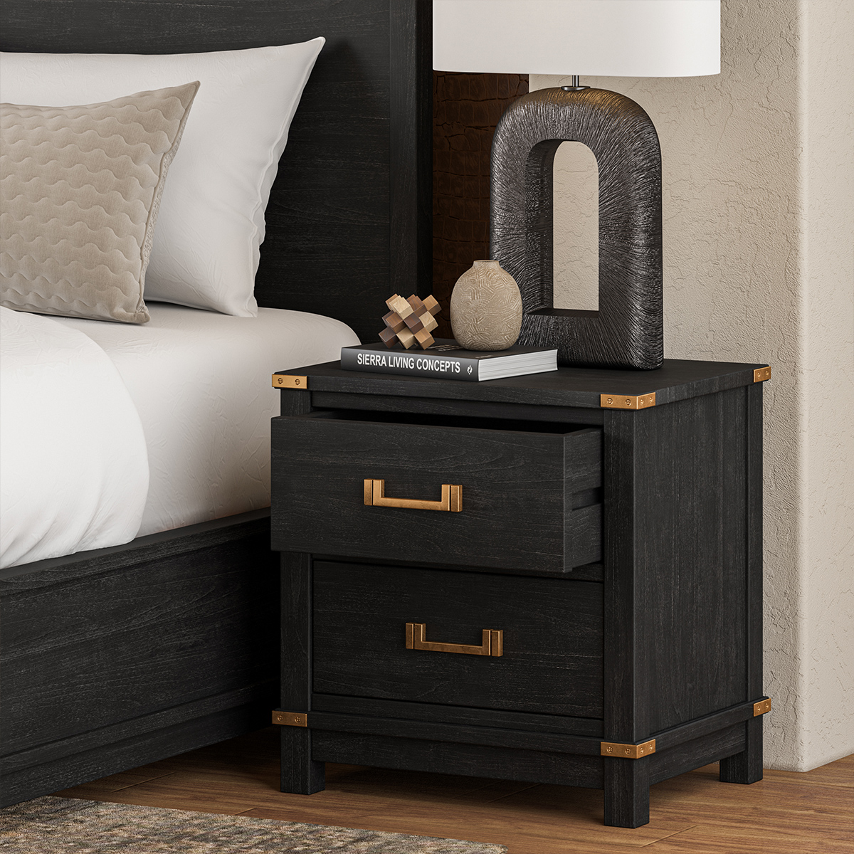 Lebec Solid Wood Black Nightstand with Drawers