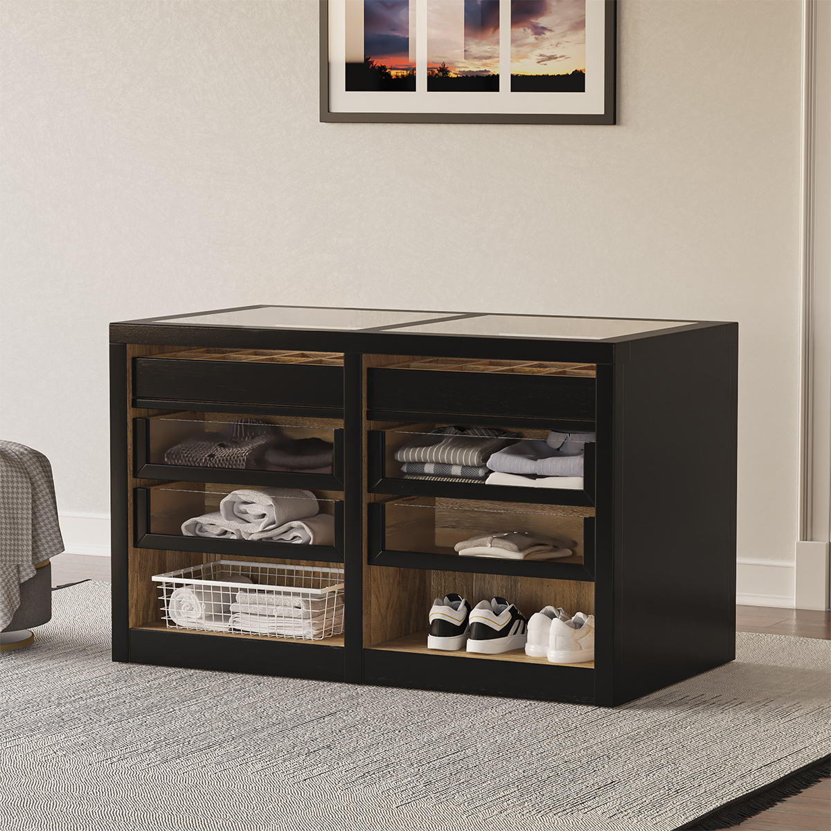 Sunol Glass Top Closet Island with Jewelry Drawers