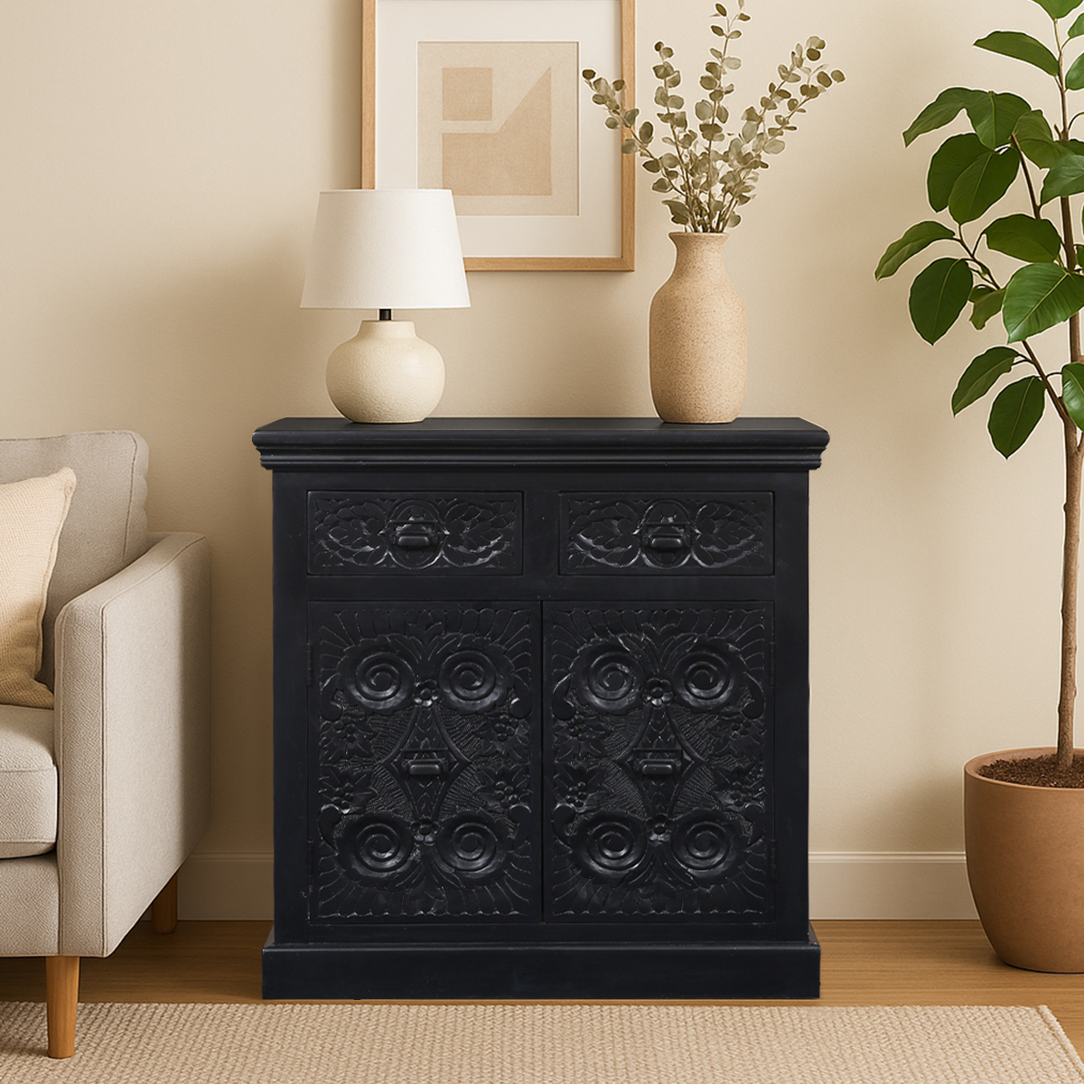 Lunenburg Carved Black Storage Cabinet with Doors & Drawers