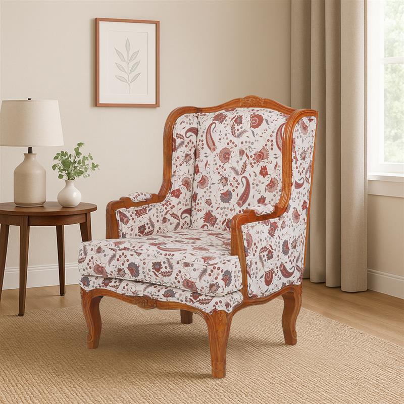 Japantown Floral Upholstered Wingback Solid Wood Accent Chair with Armrest