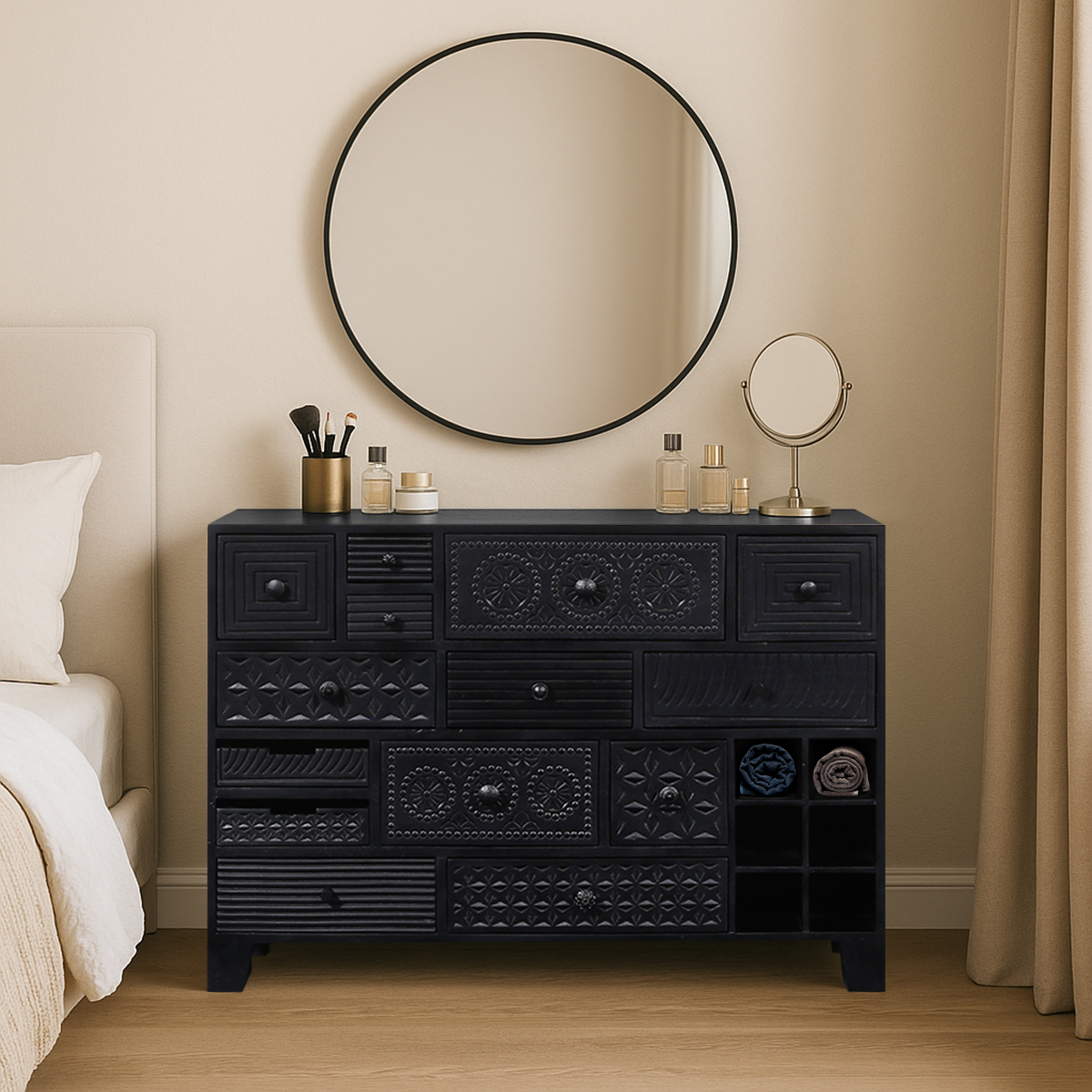 Edmonton Hand Carved Black Chest of Drawers Dresser