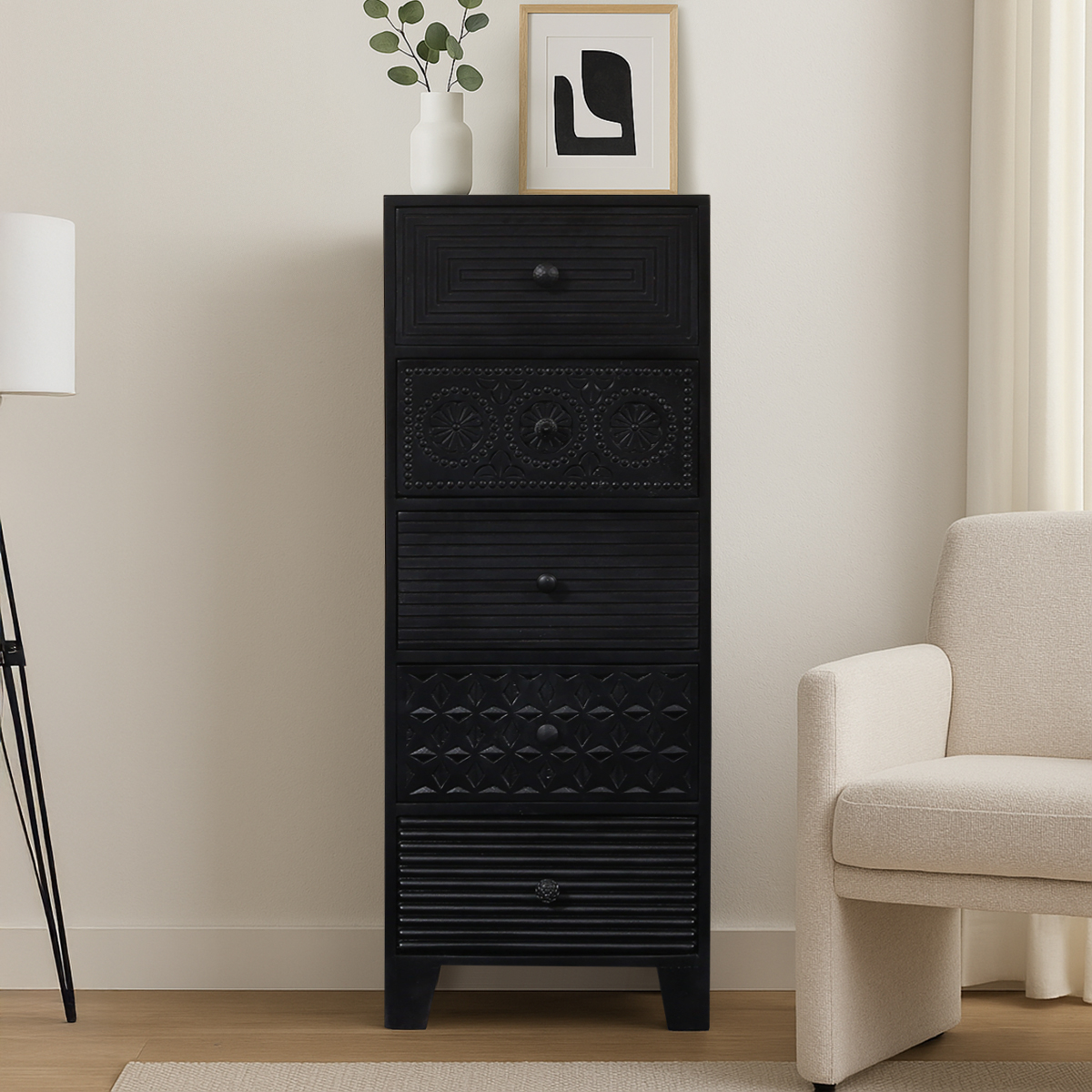 Edmonton Black 5 Drawer Solid Wood Tallboy Dresser