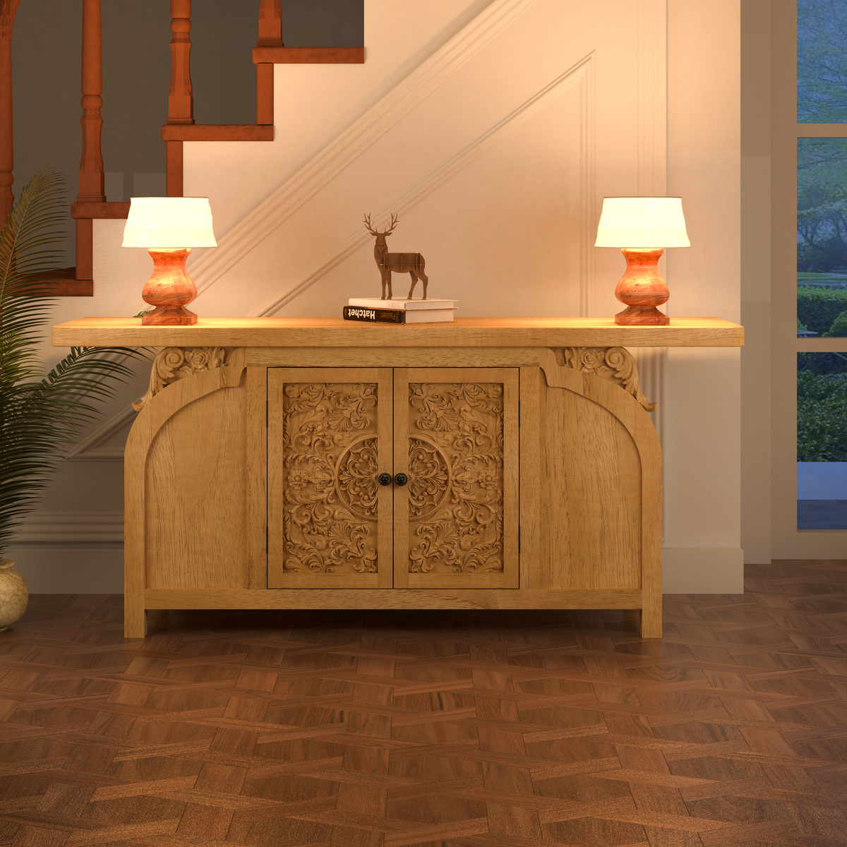 Gerrard Hand Carved Solid Wood Console Table with Storage