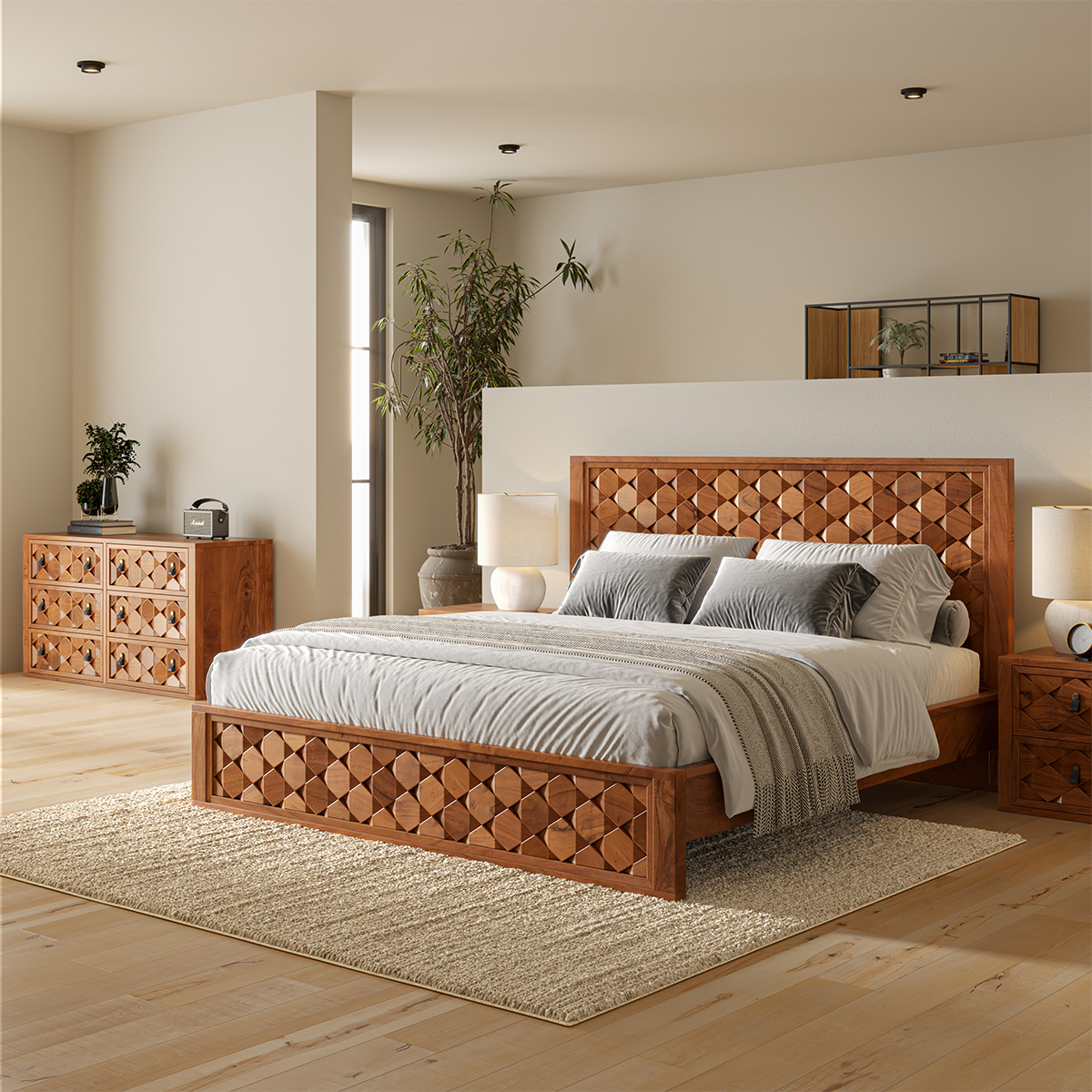 Bow Solid Wood 4 Piece Modern Bedroom Furniture Set