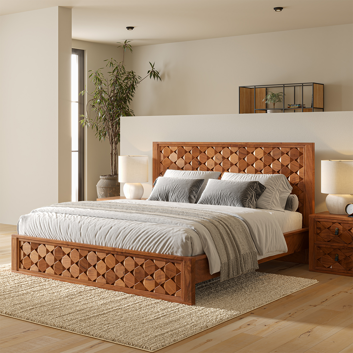 Bow Modern Weave Pattern Solid Wood Platform Bed Frame