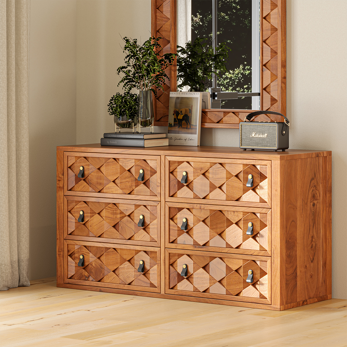 Bow Modern Weave Pattern Solid Wood 6 Drawer Dresser