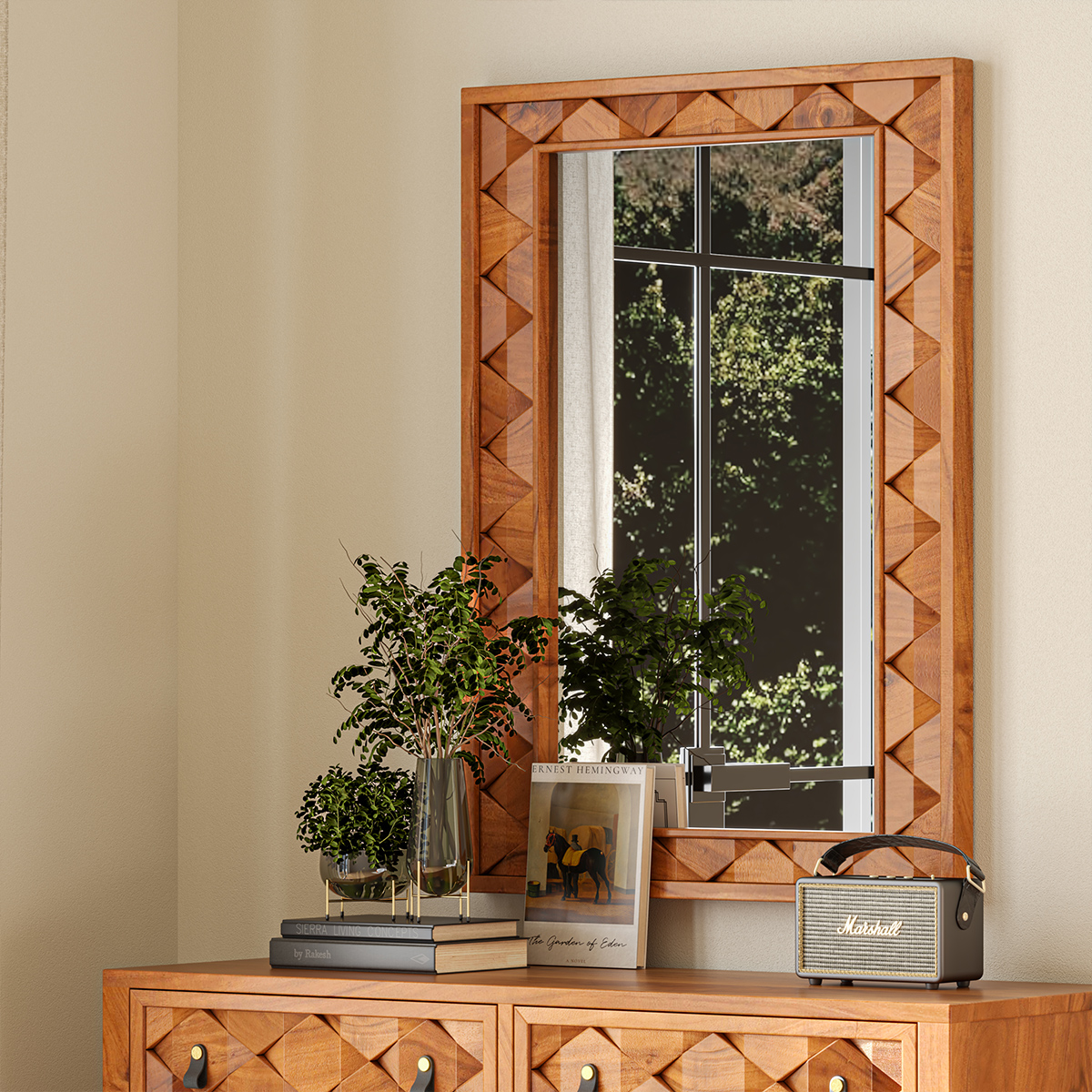 Bow Modern Geometric Weave Pattern Wooden Mirror Frame