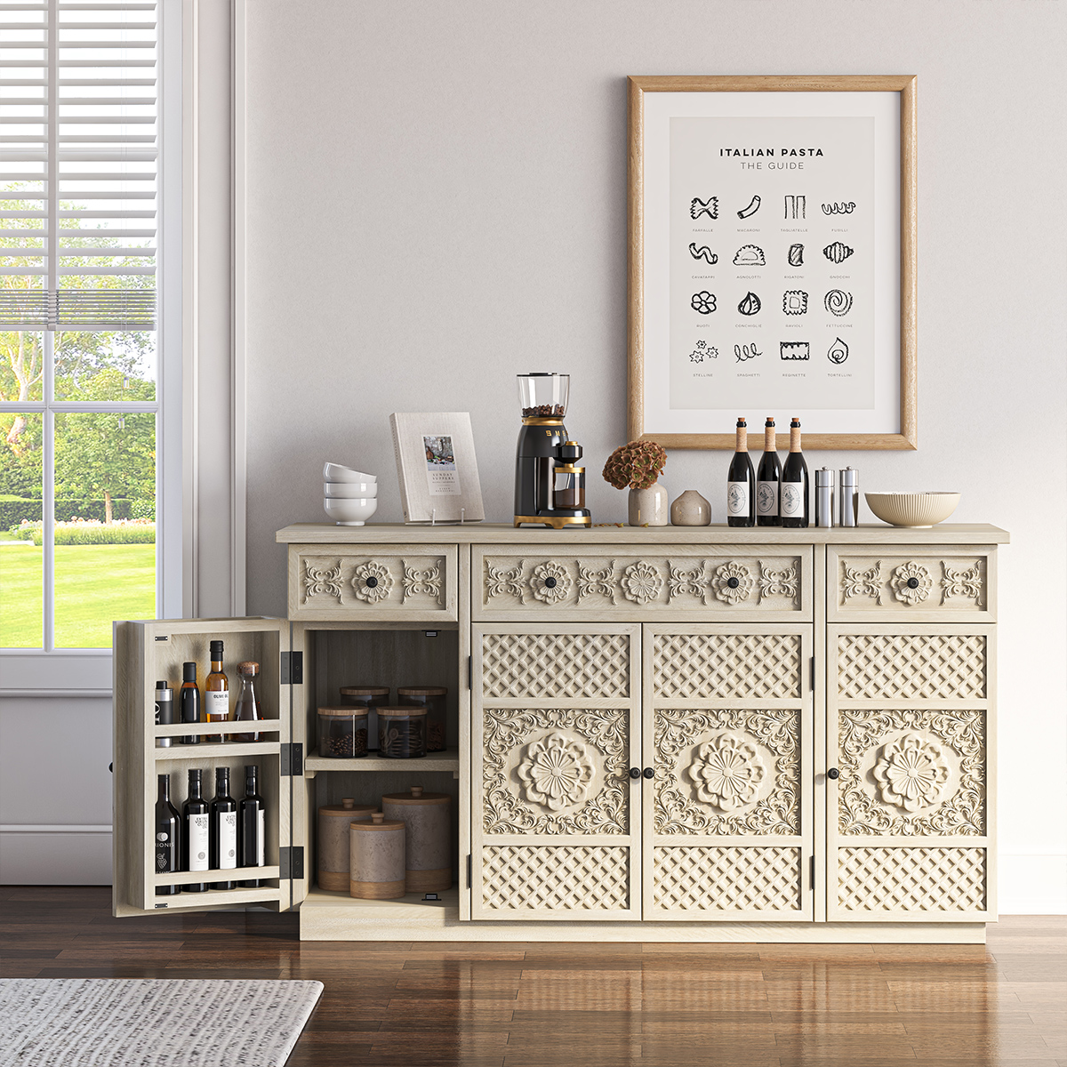 Nuala Hand Carved Solid Wood Kitchen Buffet Island Cabinet