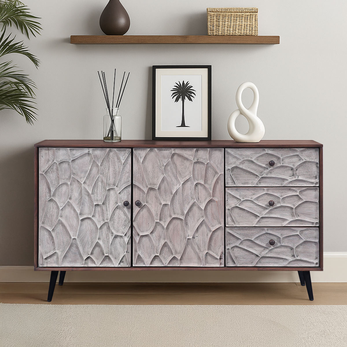 Brossard Carved Wood Mid Century Modern Sideboard