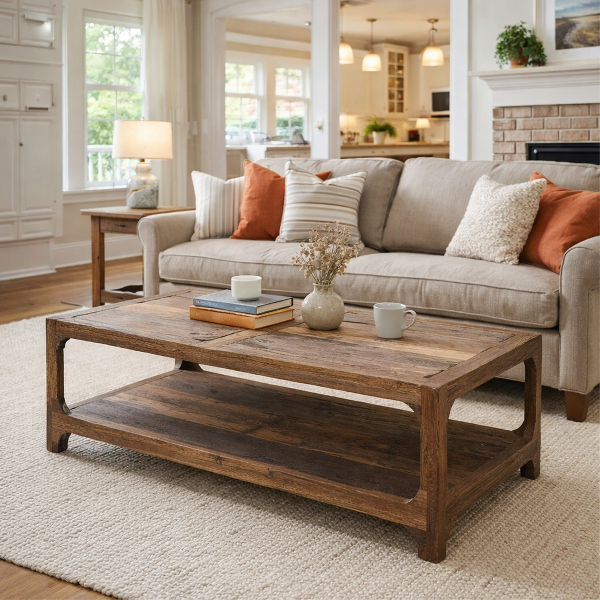 Barrie Rugged Wood Farmhouse Coffee Table with Shelf