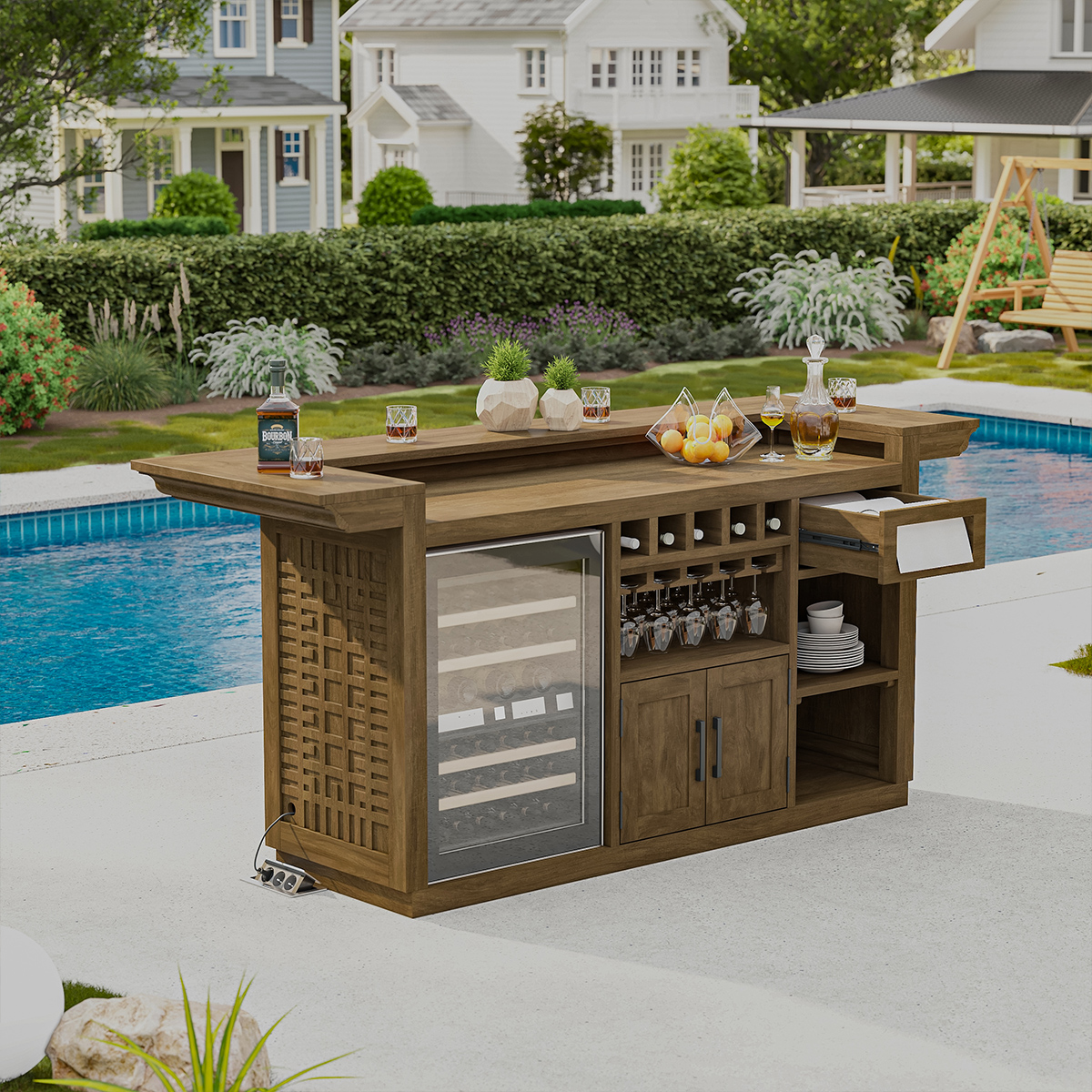 Rimouski Teak Wood Outdoor Bar Table with Fridge Space
