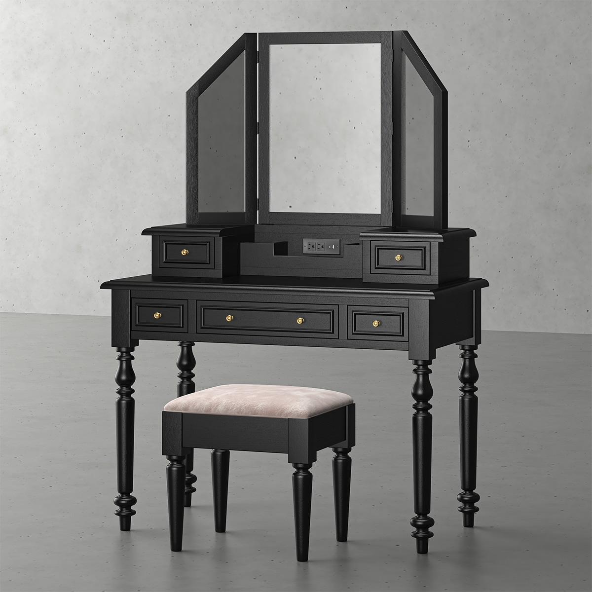 Ladysmith Black Mirrored Makeup Vanity Desk with Stool