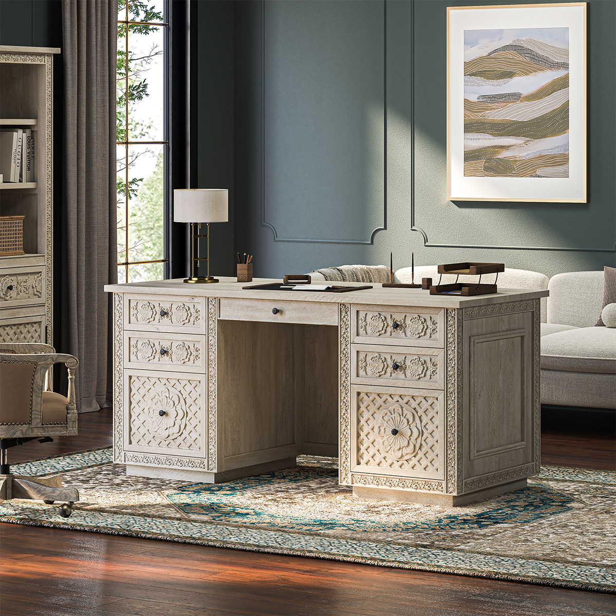 Nuala Hand Carved Weathered White Executive Desk