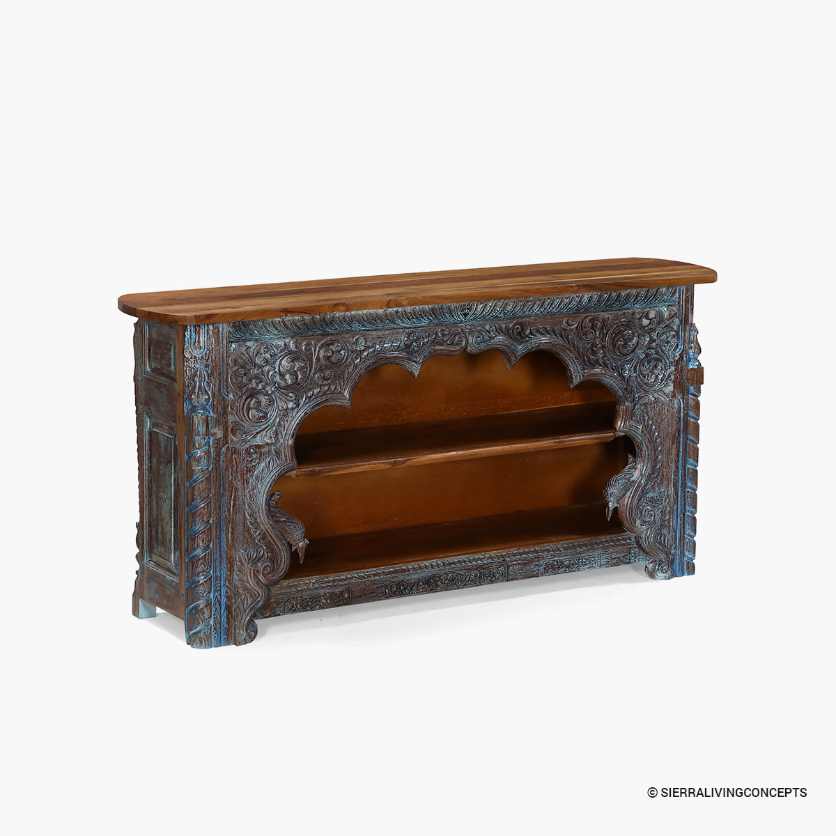 Rosedale Distressed Carved Wood Arch Console Table with Storage