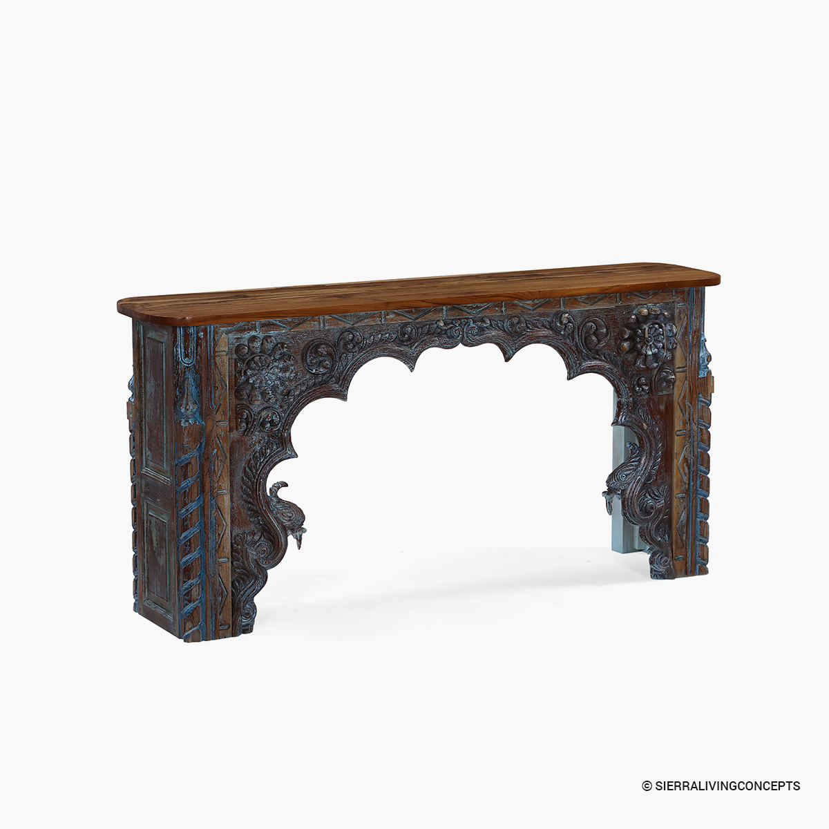 Corktown Distressed Dark Carved Wood Arch Console Table