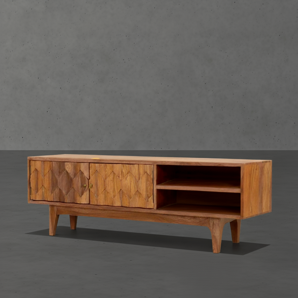 Emelia Carved Diamonds Rustic Solid Wood Modern TV Stand Media Console