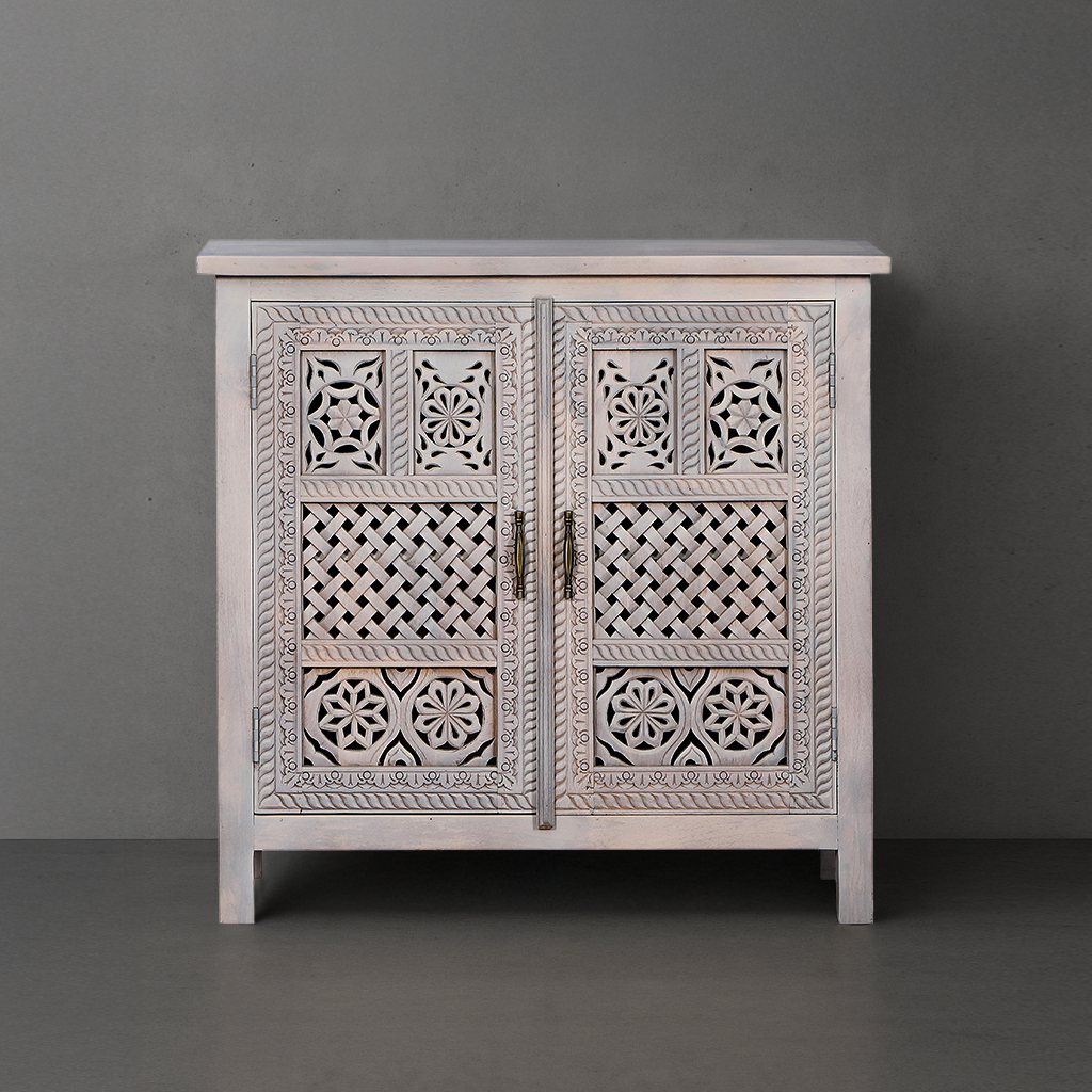 Edson Hand Carved Whitewashed Accent Storage Cabinet