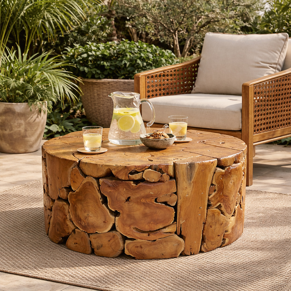 Guilford Antique Outdoor Round Teak Slice Coffee Table