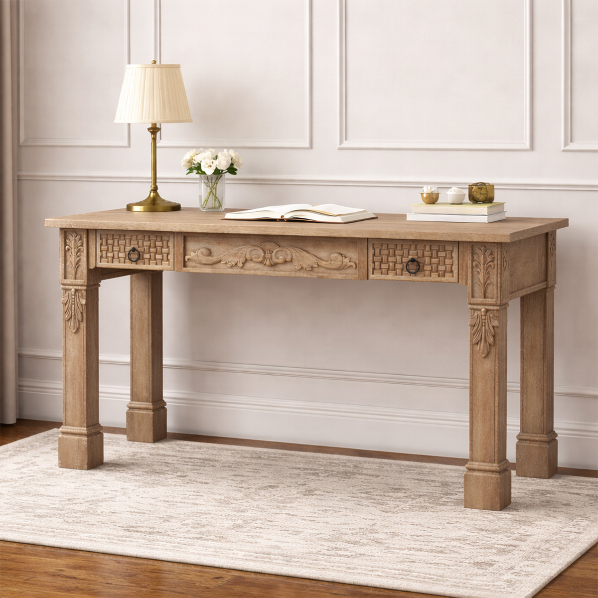 Miramachi Carved Solid Wood Writing Desk with Drawers