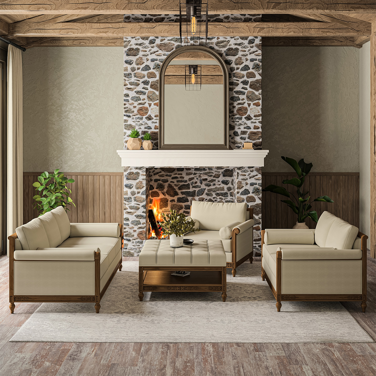Junction 3 Piece Living Room Sofa Set with Ottoman Table