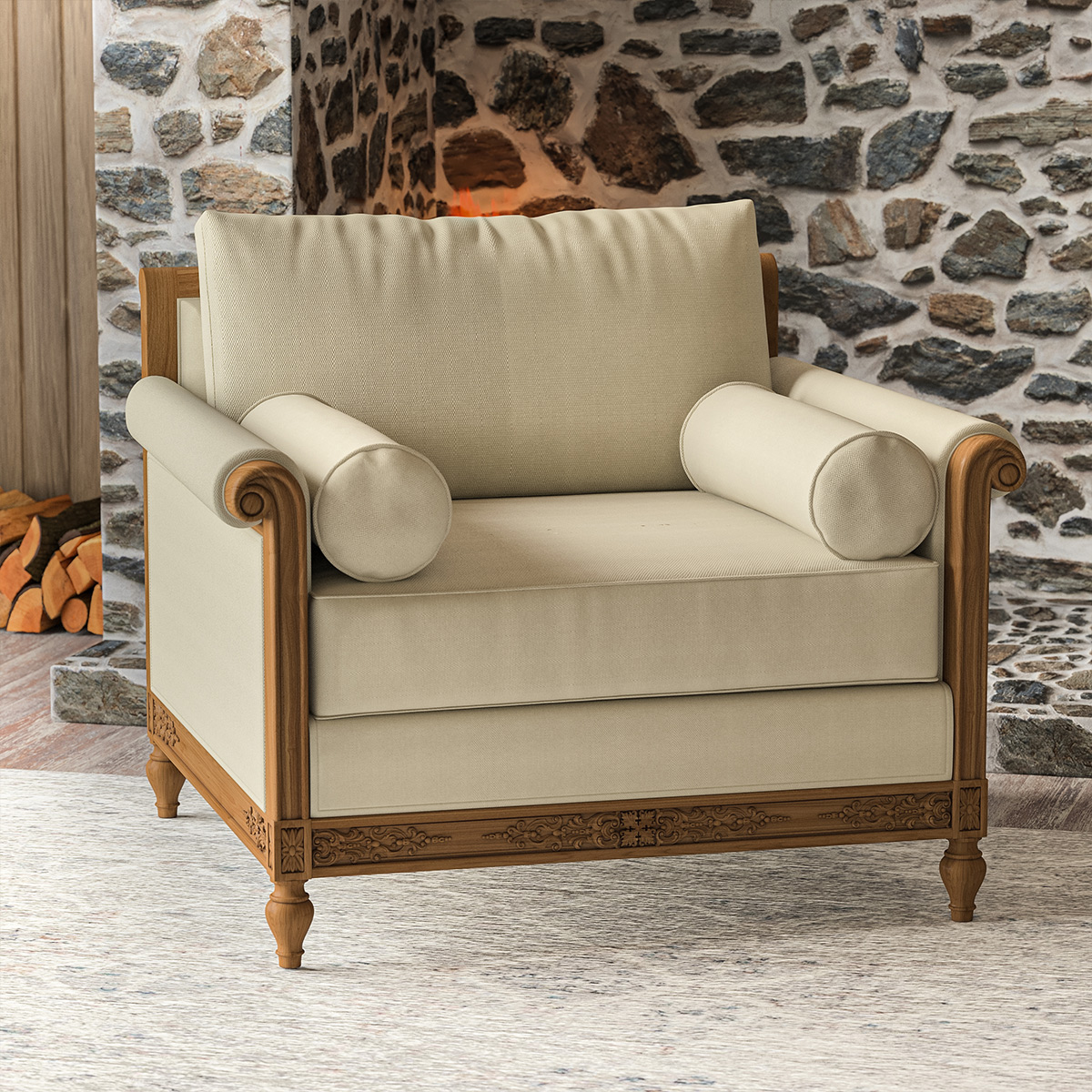 Junction Hand Carved Roll Arm Wooden Single Seater Sofa