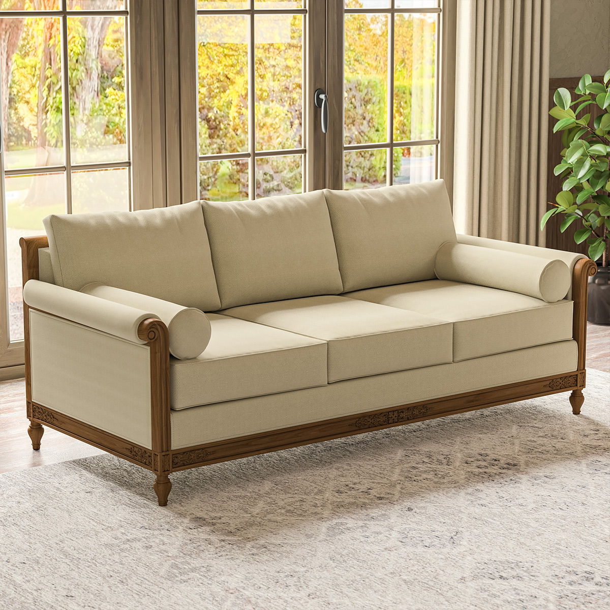 Junction Hand Carved Roll Arm Wooden 3 Seater Sofa