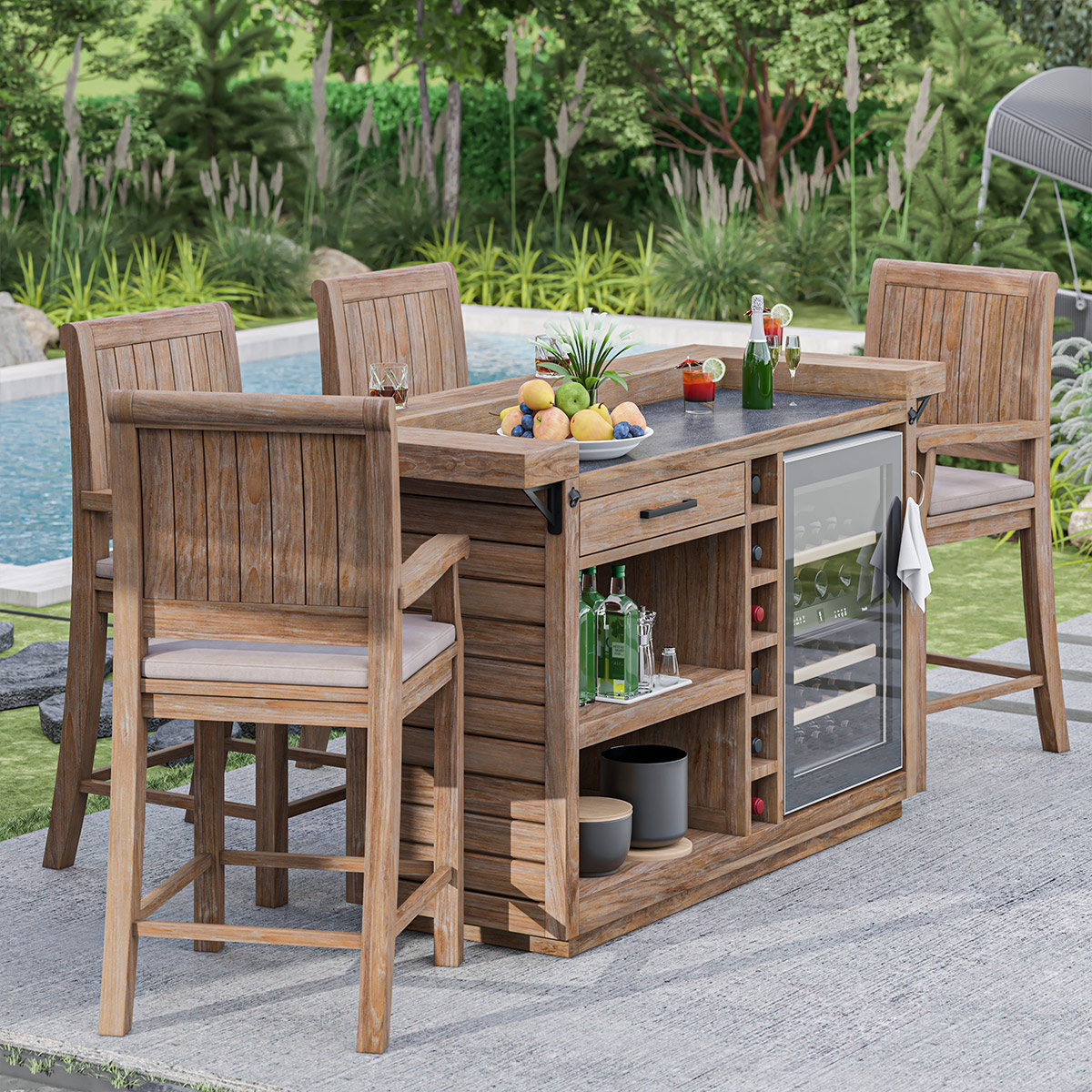 Concord Solid Teak Wood Outdoor Bar Set with Stools