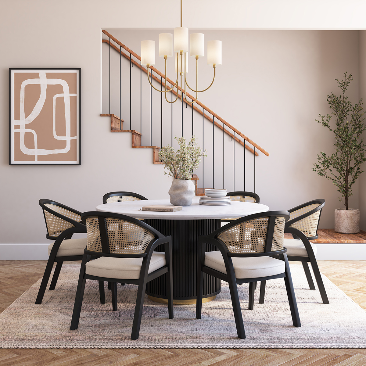 Navarro Modern Black Round Dining Table Set For 6