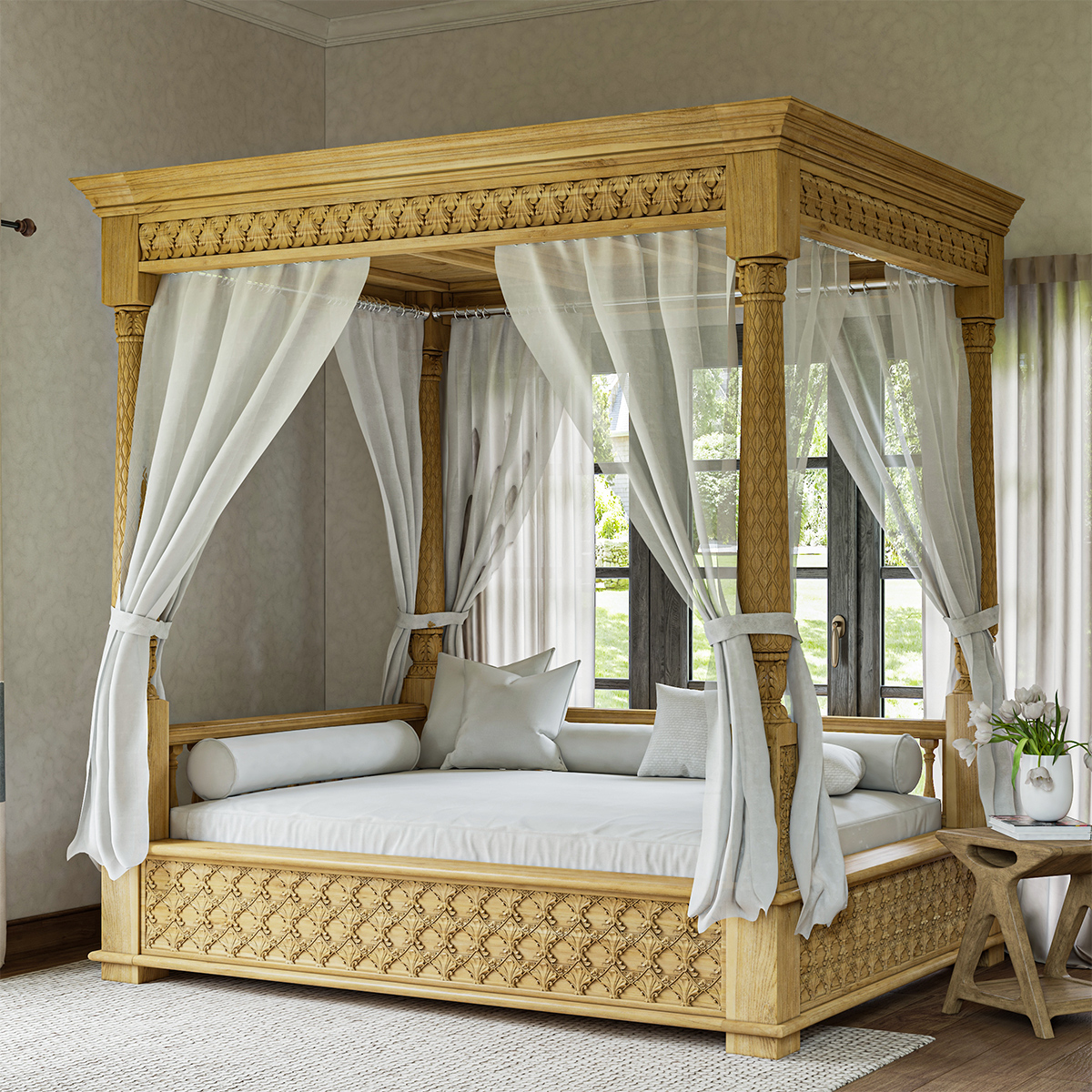 Weston Teak Wood Hand Carved Outdoor Daybed with Canopy