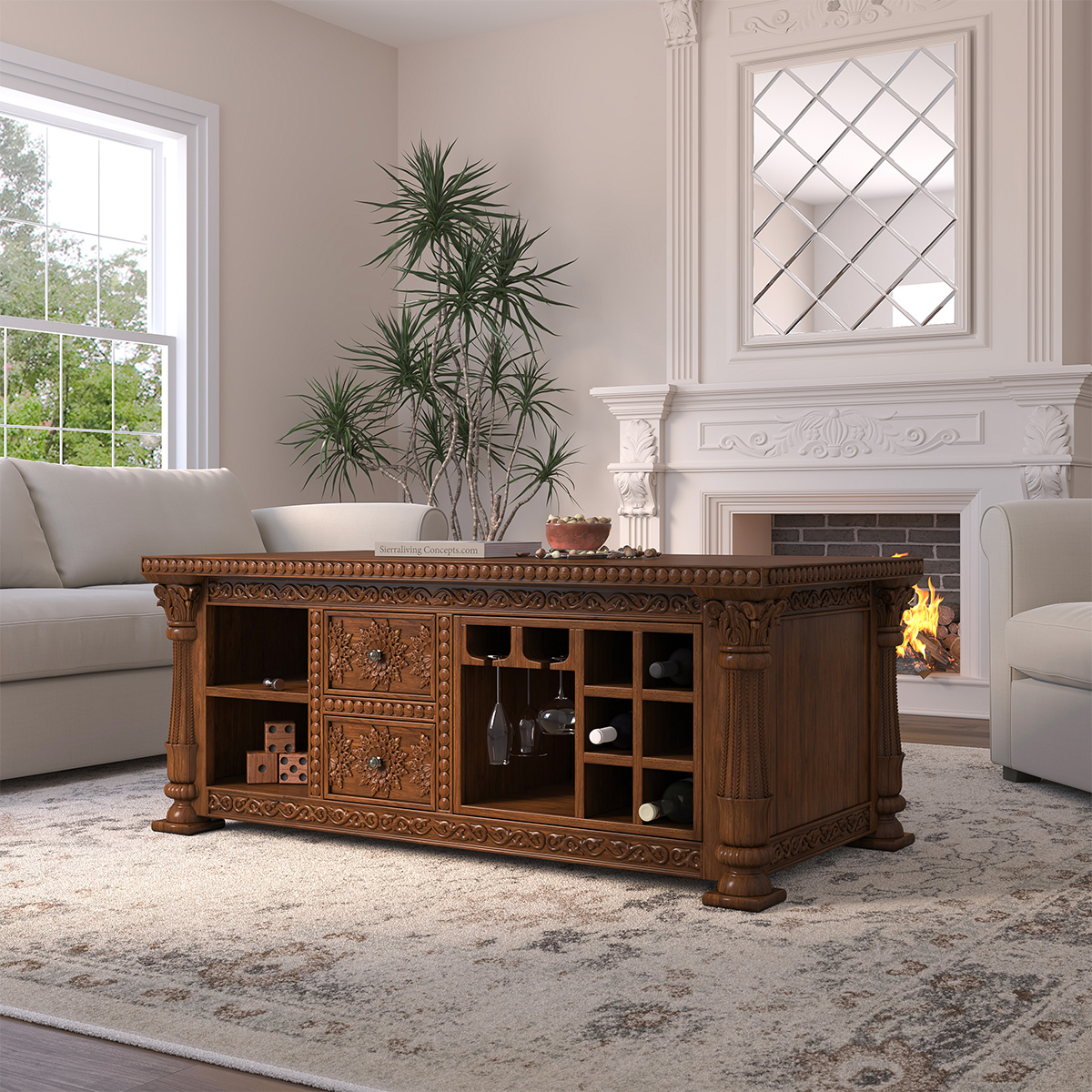 Amesbury Hand Carved Solid Wood Coffee Table with Storage & Wine Rack