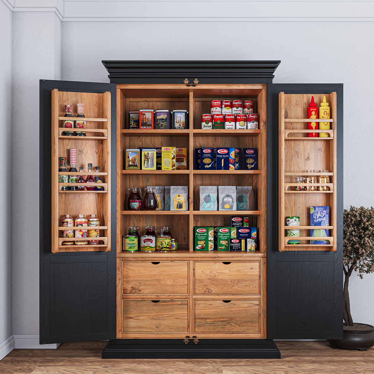 Cabbagetown Black Free Standing Tall Kitchen Pantry Cabinet