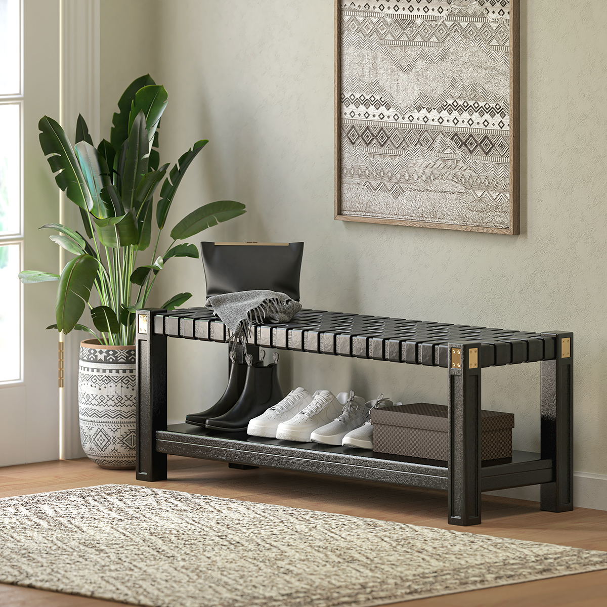 Bonaparte Modern Black Entryway Bench with Shoe Rack