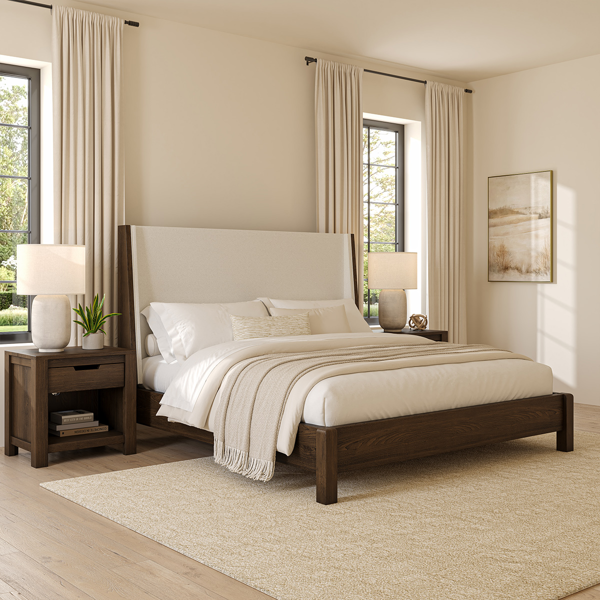 Beaver Solid Wood & Upholstered Wingback Platform Bed Frame