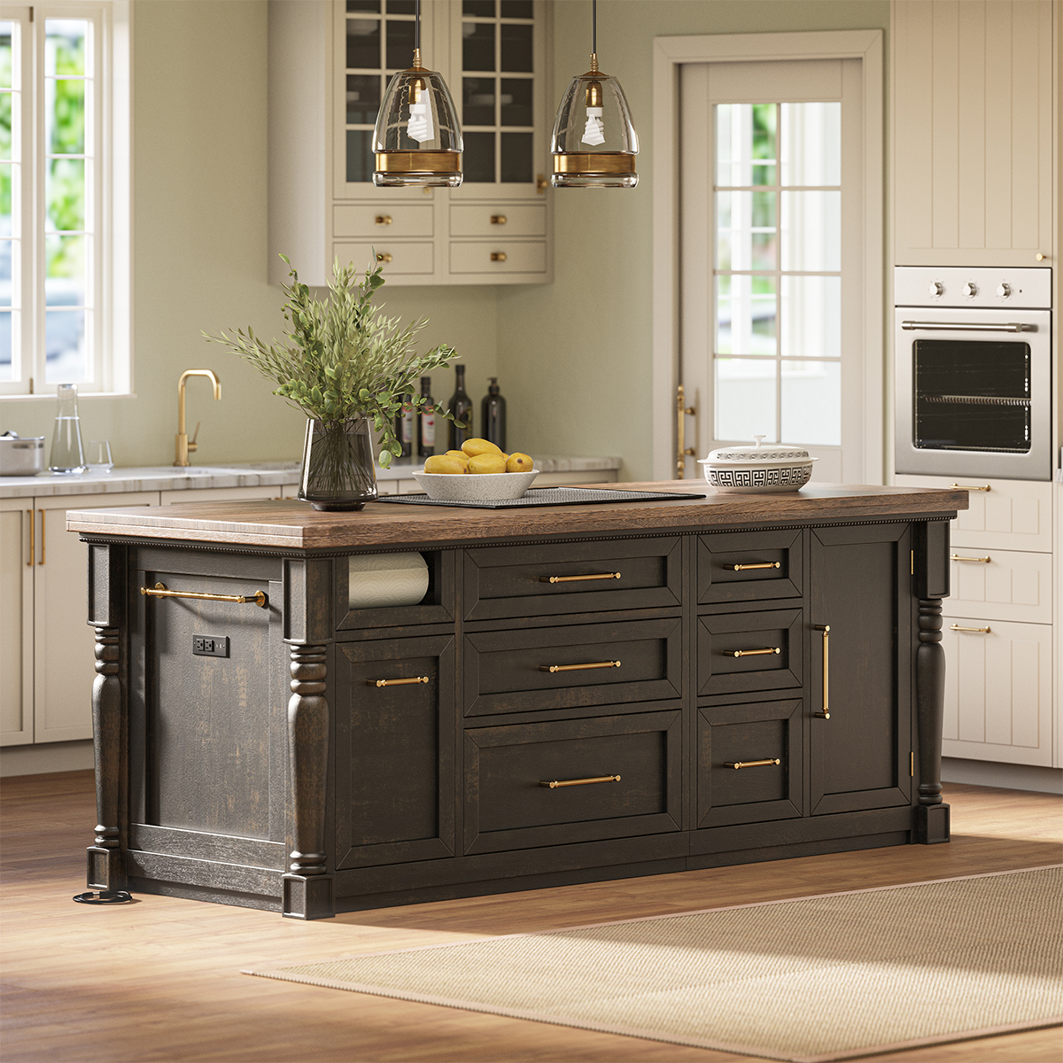 Beloeil Distressed Black Kitchen Island with Trash Bin Storage