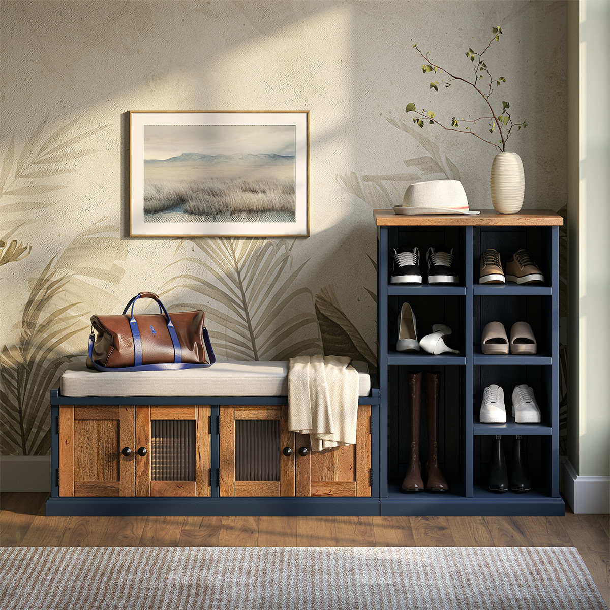 Joliette Two Tone Entryway Storage Bench with Shoe Rack