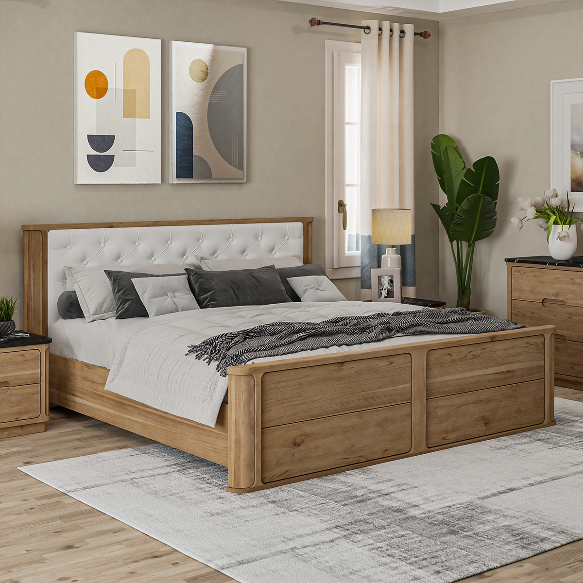 Brant Scandi Modern Platform Bed Frame with Tufted Headboard