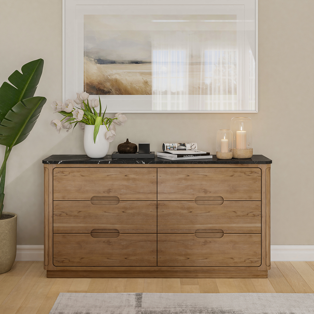 Brant Scandi Modern Black Marble Top Dresser with 6 Drawers