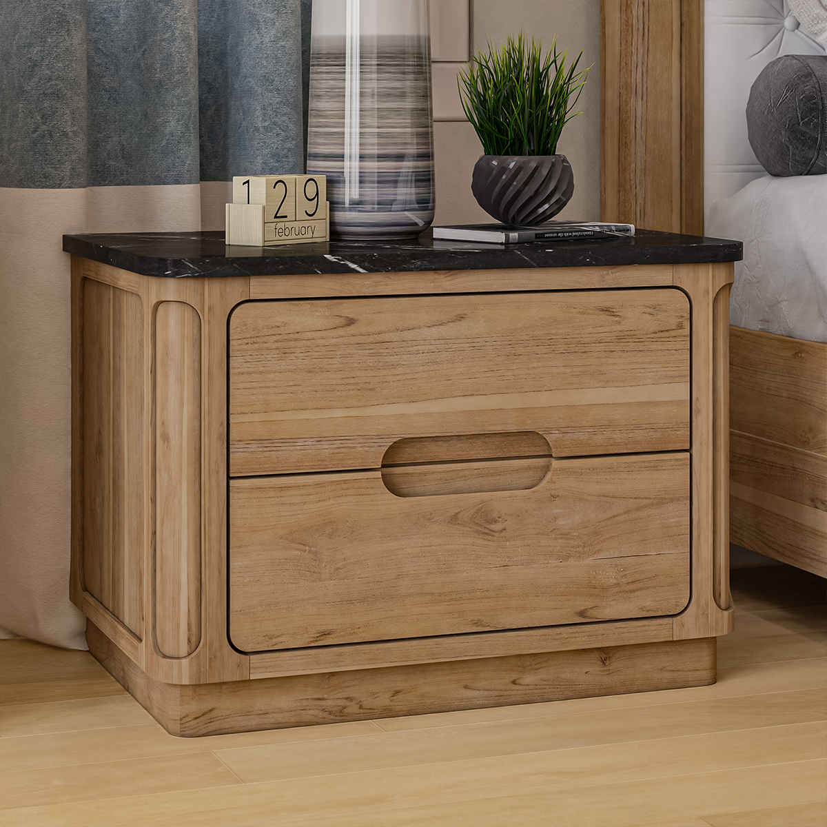 Brant Scandi Modern Black Marble Top Nightstand with Drawers