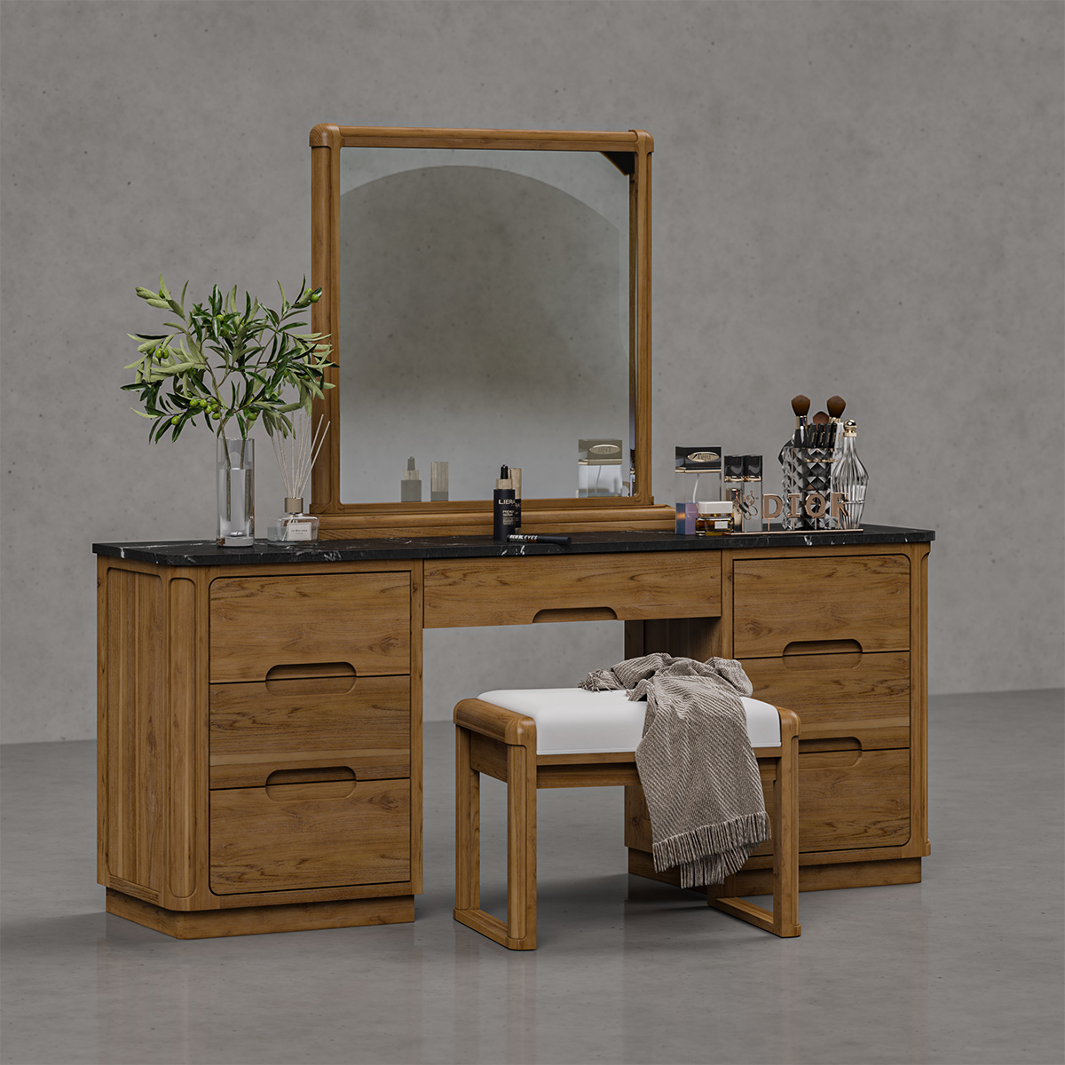 Brant 7 Drawers Scandi Modern Mirrored Vanity Desk with Stool
