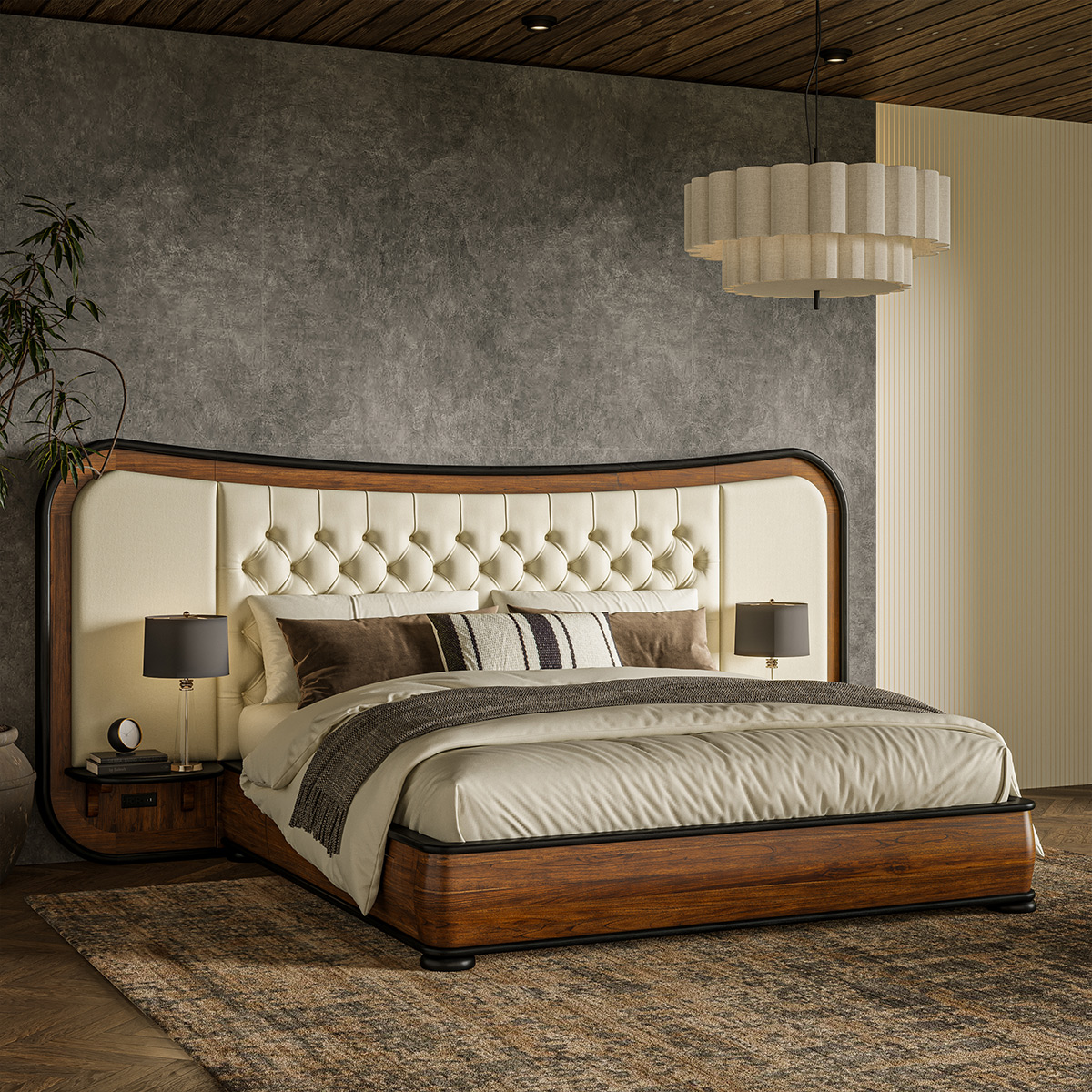 Amos Extended Curved Headboard Platform Bed Frame with Storage