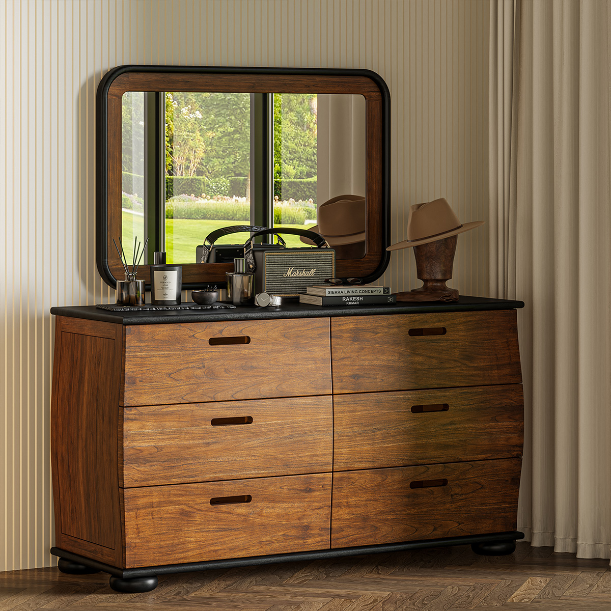 Amos Curved Front 6 Drawer Black Dresser for Bedroom