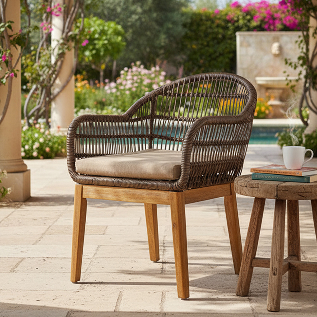 Leafy Modern Wood & Wicker Outdoor Accent Chair