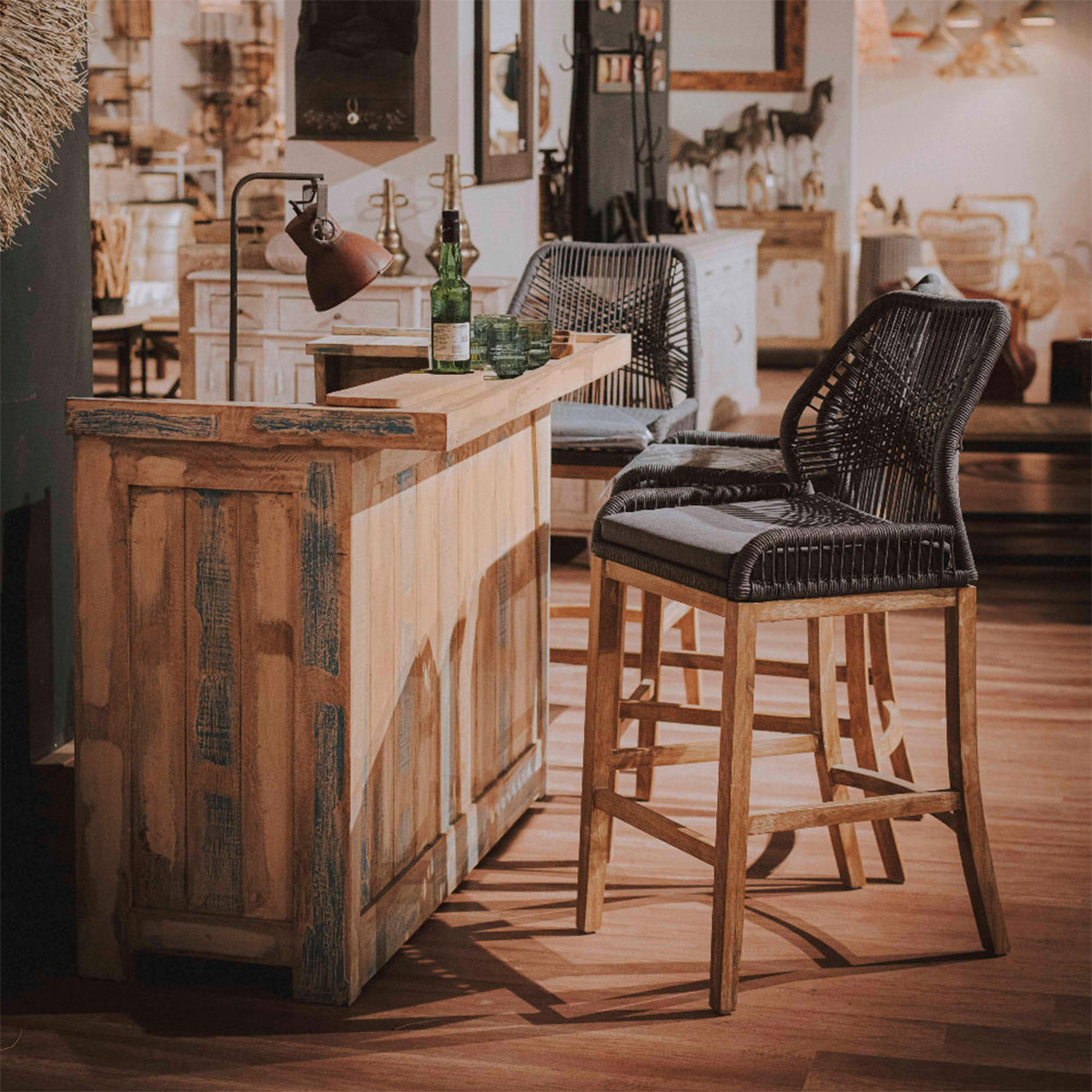 Klondike Black Wicker & Acacia Wood Counter Bar Stool