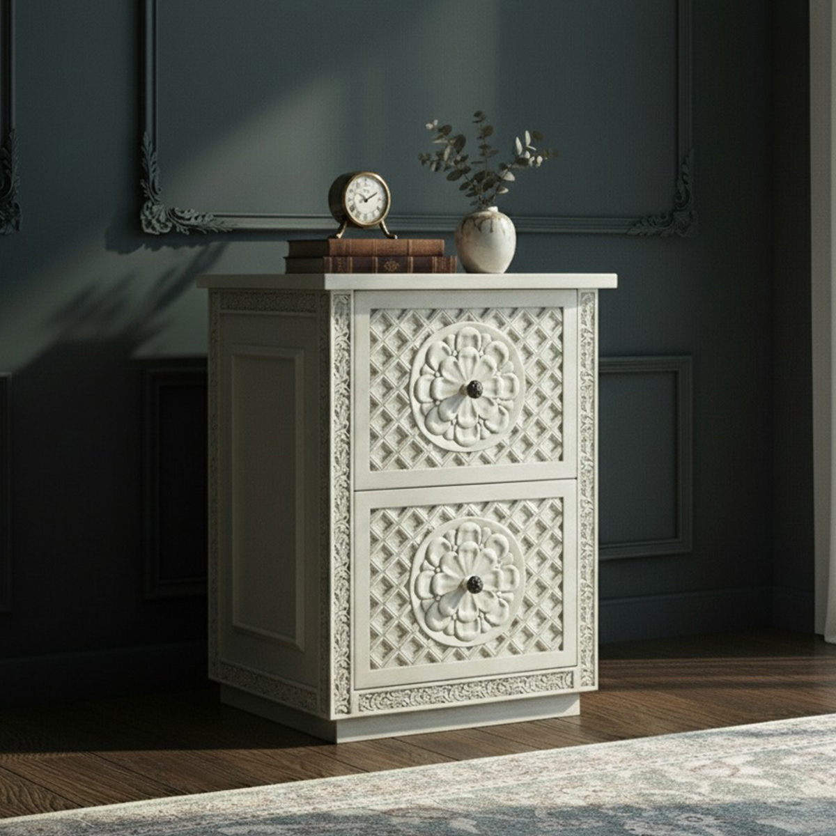 Nuala Hand Carved Weathered White Office File Cabinet