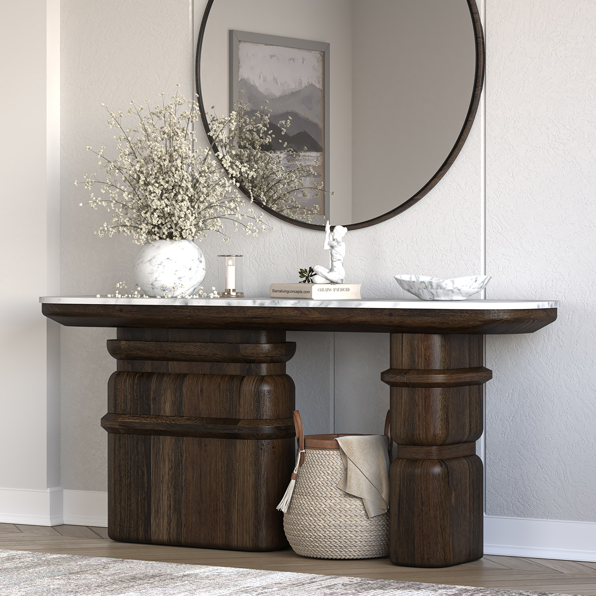 Melfort Solid Wood Sculptural Console Table with Marble Top