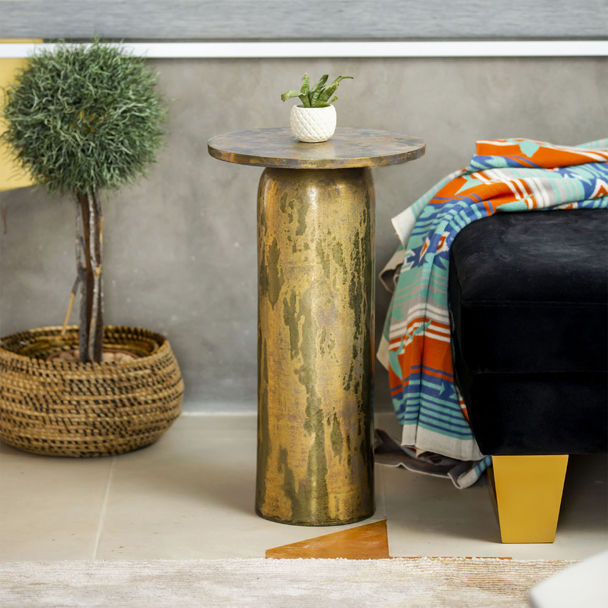 Dorval Cylindrical Shape Distressed Gold Metal Accent Table